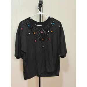 Western Connection Black Beaded Embellished Short Sleeve Top Women’s Size Large